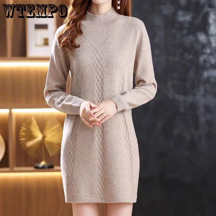 Mid-length Sweater for Women In Autumn and Winter Thickened Long-sleeved Pullover and A Solid-color Casual Knitted Sweater Dress