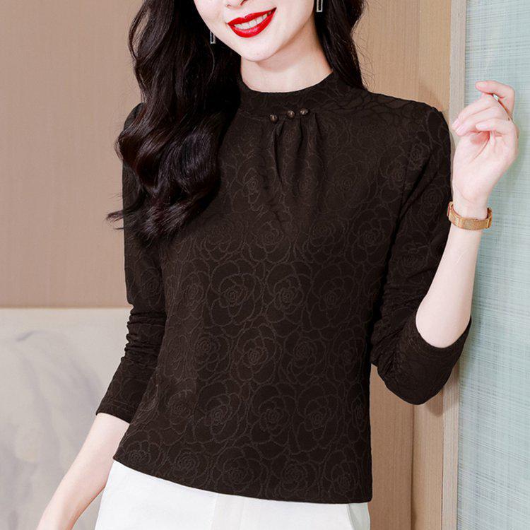 Elegant Retro Lace High-Neck Long Sleeve Women's T-Shirt for Spring