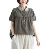 2021 Summer Plus Size Patchwork Women's Cotton Linen Plaid Peter Pan Collar Slimming Short Sleeve Shirt