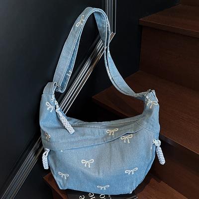 Shoulder Bow Bag Denim Large Capacity New Fashion Commuter Casual Versatile Fashion Messenger Bag