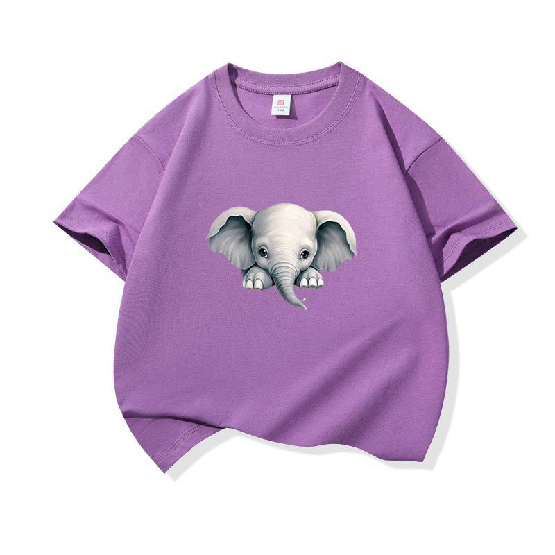 Kids Cotton T Shirt Cute Peeking Little Elephant Print Crew Neck Short Sleeve Tee Casual Breathable Boys Girls Summer Tops