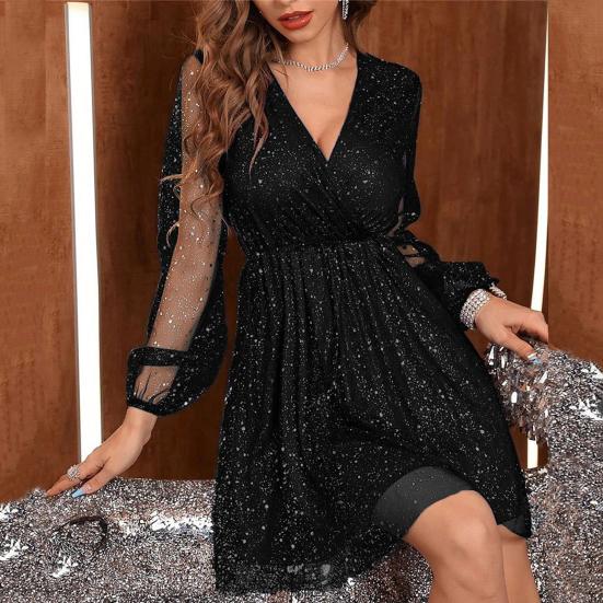 Abito Lungo Elegante Donna Taglie Forti, Scollo A V, Maniche Lunghe Con Volant, Lucido, Per Matrimoni E Cerimonie, Blu Navy