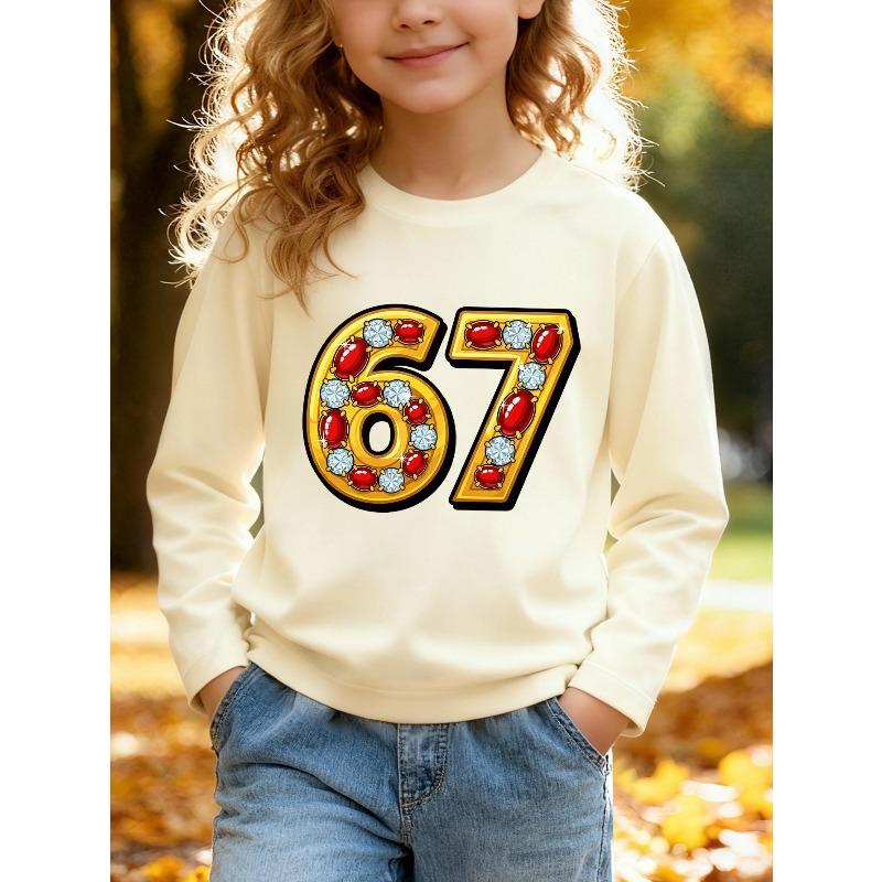 Unisex Kids Pink Crewneck Sweatshirt For 4-12 Boys Girls Luxury Golden Frame Ruby Diamond Inlaid Number 67 Cartoon Gem Jewelry Print