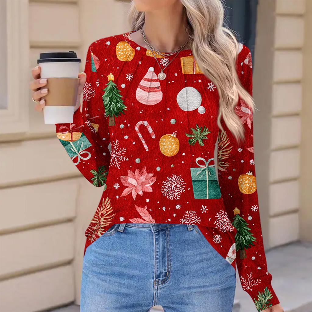 Women's Fashionable Casual Christmas Printed Pleated Comfortable Round Neck Loose Long Sleeve T-Shirt Top
