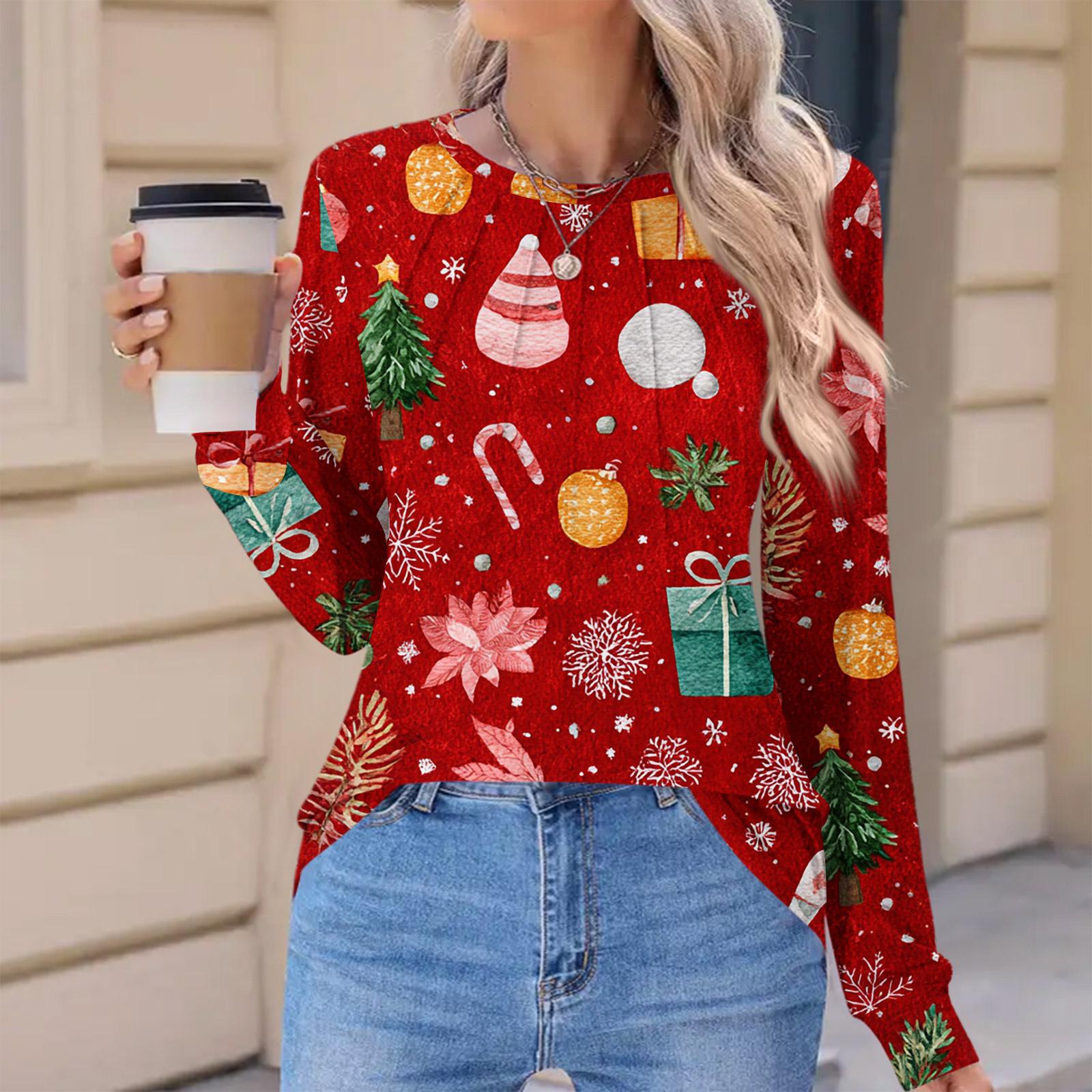 

Жіноча Модна Повсякденна Різдвяна Футболка з Принтом, Плісована, Зручна, з Круглим Вирізом, Вільна, з Довгим Рукавом S Кіновар