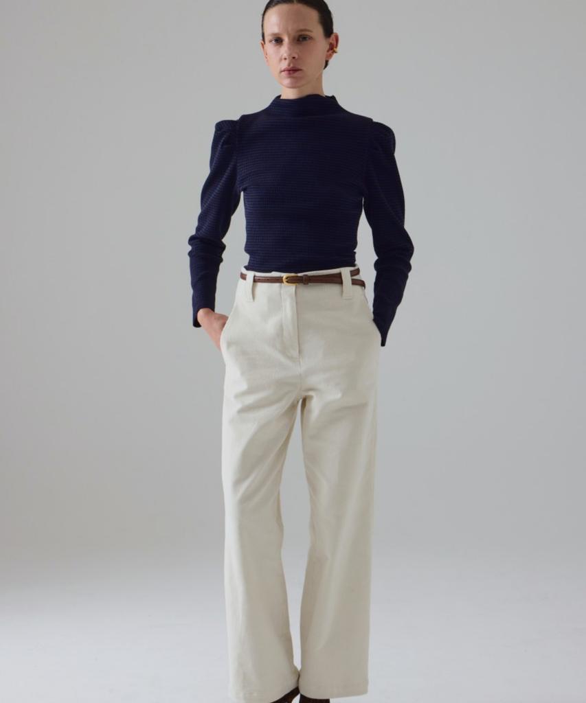 Owaiwai Ribbed Puff Half-Neck T-Shirt_Stripe Navy