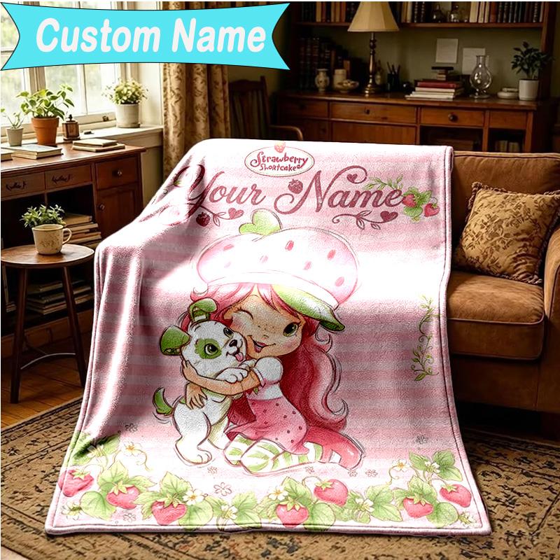 1PC Custom Name Blanket Straw-berry Sweet Moment Flannel blankets Patterns Throw Blanket All-Season Soft Gift for Couch, Bed, Camping, Birthday gifts