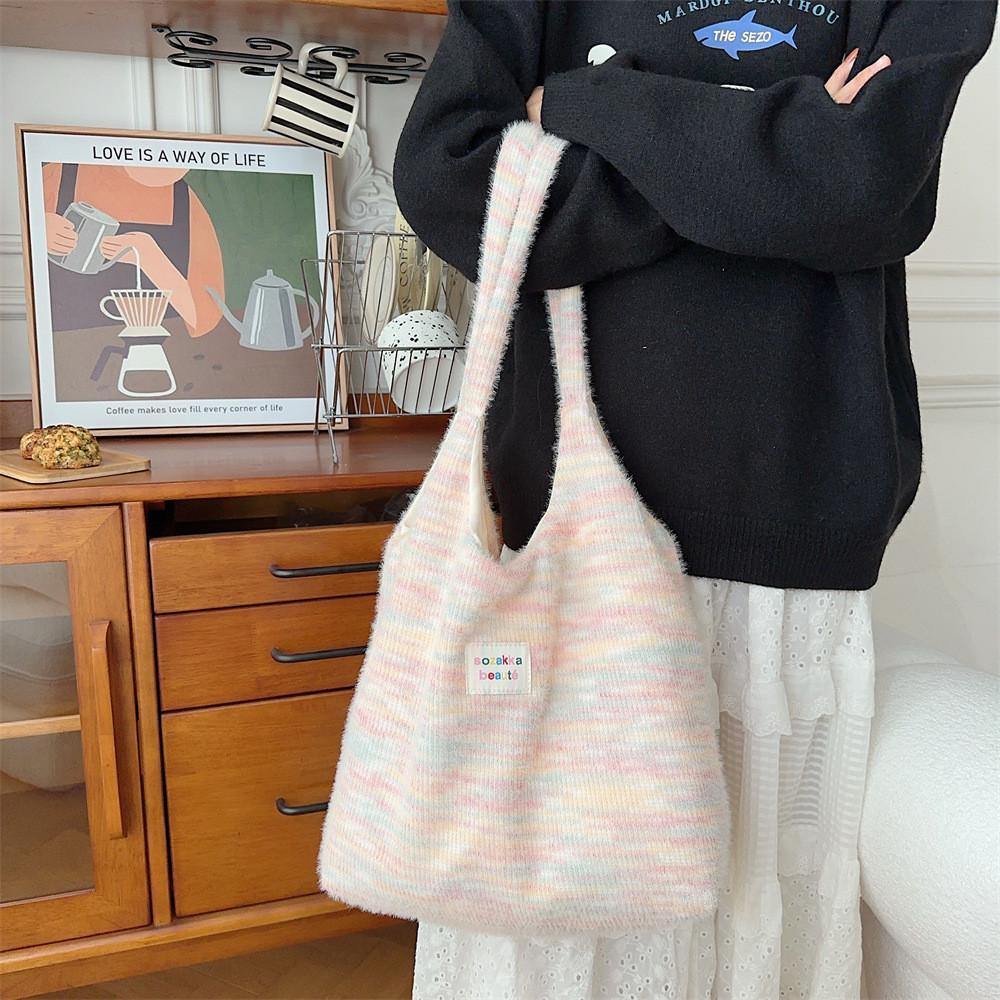Cute Fuzzy Tote Bag For Autumn And Winter Large Capacity Canvas Single Shoulder Street Style