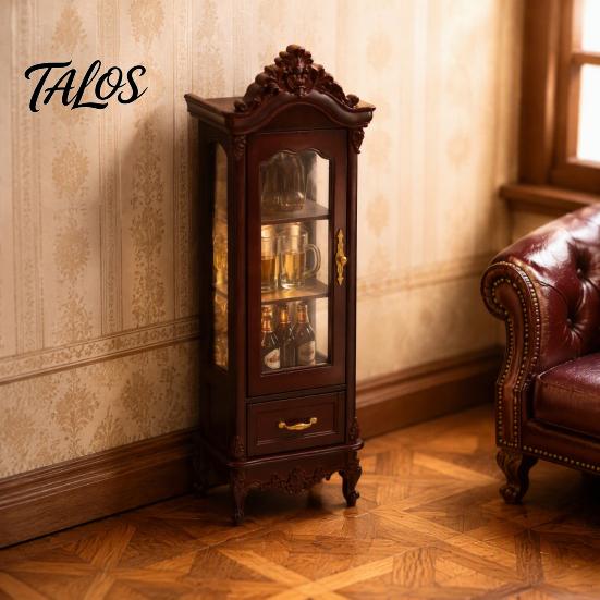 European Style Doll Mansion Accessory Miniature Curio Cabinet, 1/12 Scale Mini Wine Wooden Tiny Display Cabinet with Detailed Furniture Drawer,