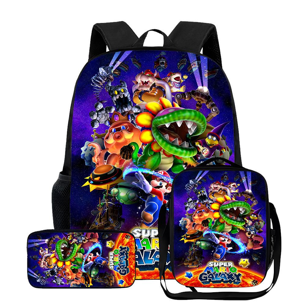New Mario cartoon backpack, three-piece set for primary and secondary school students, school bag, backpack, shoulder bag, pencil case.