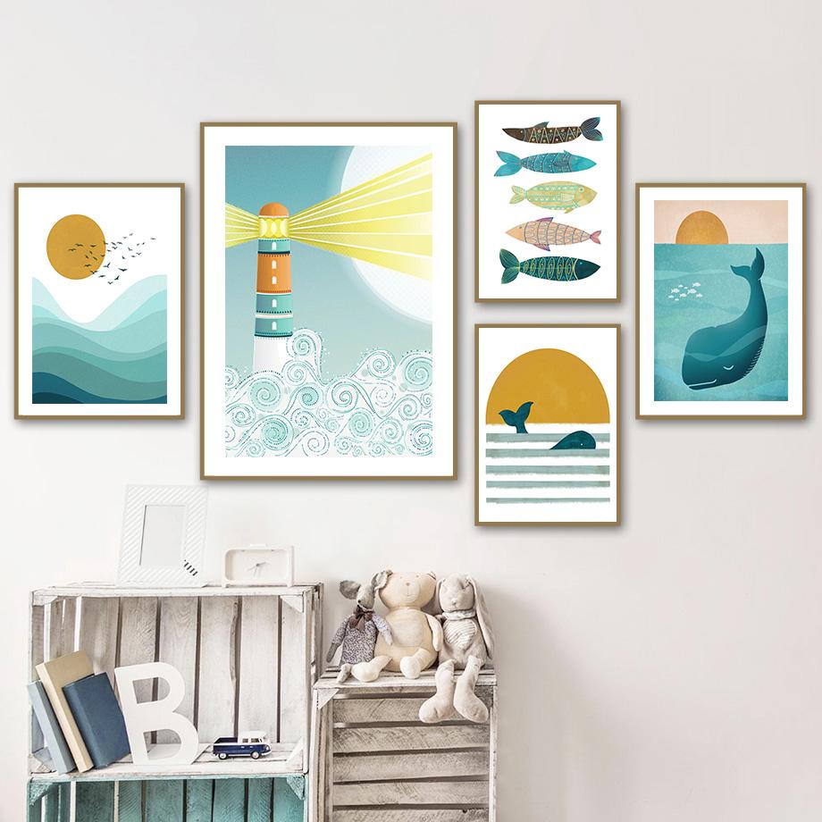 Blue Ocean Fish Whale Lighthouse Sun Nautical Nursery Wall Art Canvas Painting Posters And Prints Wall Pictures Kids Room Decor