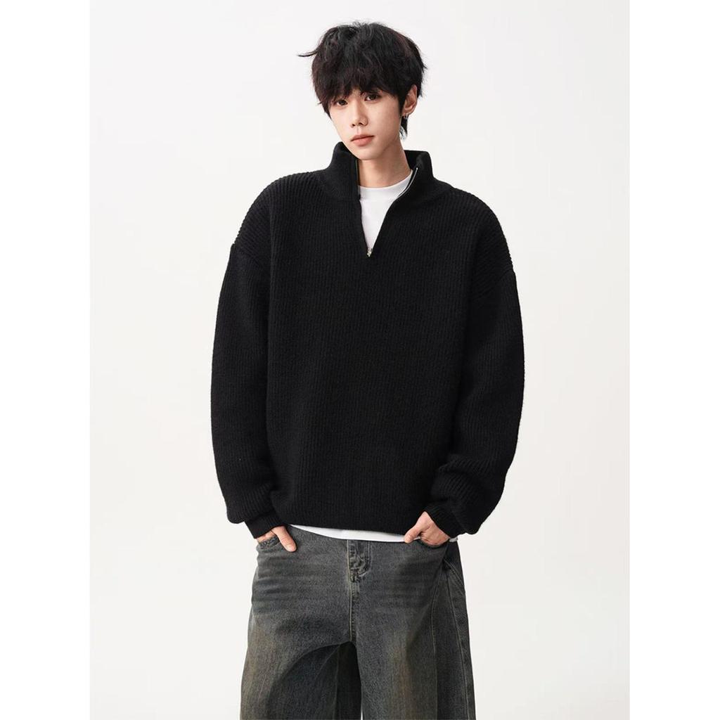 Men's Loose Knit Half-Zip Sweater - Solid Color, Stand-Up Collar, Cozy Autumn/Winter Pullover