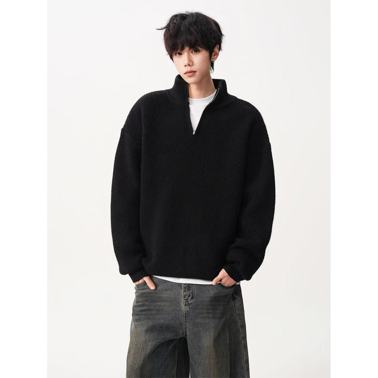 

Men s Loose Knit Half-Zip Sweater - Solid Color, Stand-Up Collar, Cozy Autumn/Winter Pullover 2XL чорний
