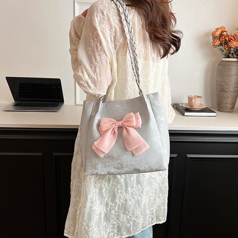 Yogodlns Summer Fashion Large Capacity Student Bow Decor Shoulder Bag New Versatile Women's Bucket Tote Bag For Work Travel