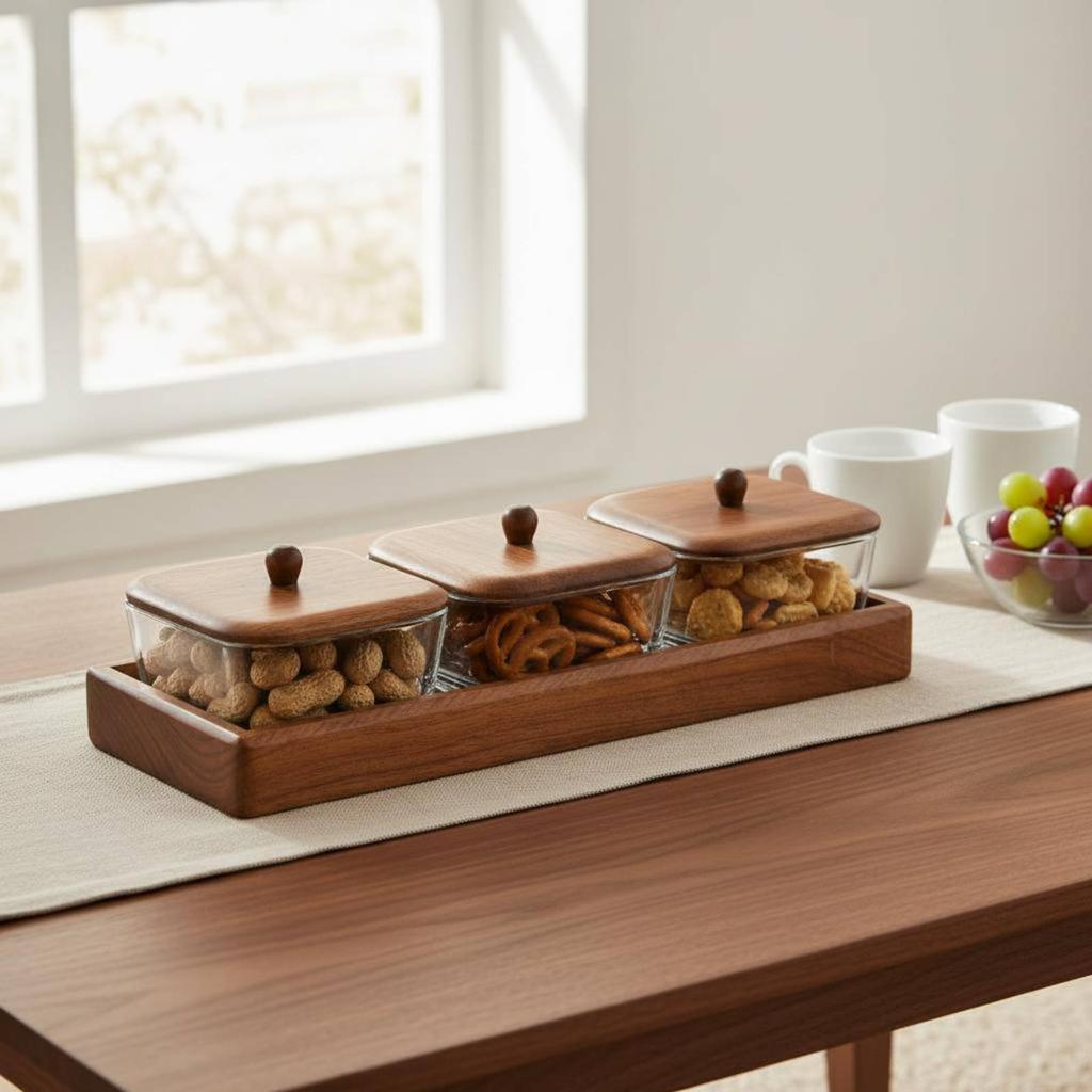 Glass Relish Dish Set with Wooden Tray Multipurpose Use Divided Serving Tray with Lids Wooden Candy and Nut Dish Elegant Design