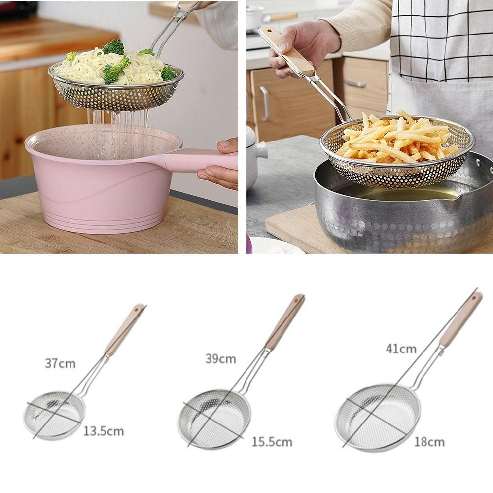 New Thickened Stainless Steel Strainer Wooden Handle Fine Mesh Dumpling Strainer Long Handle Kitchen Strainer Household Use