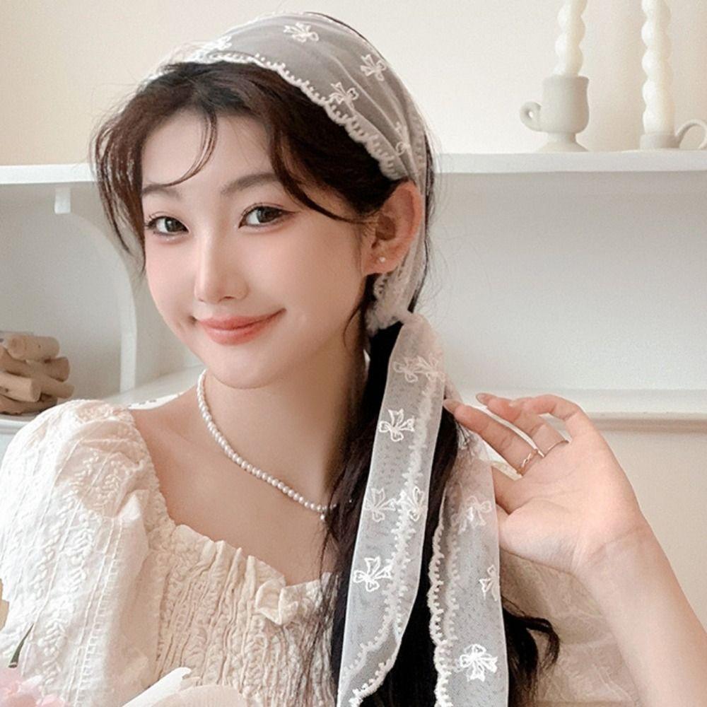 Soft Wrap Sweet Bow Headband Adjustable Ribbon Hair Strap French Lace Hair Scarf  Wedding