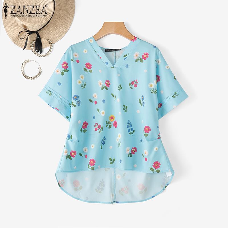 ZANZEA Women Summer V-Neck Casual Short Sleeve Irregular Floral Print Blouse