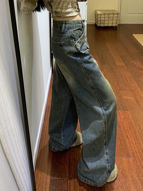 Damen Jeans im amerikanischen Retro-Patchwork-Stil mit weitem Bein, Frühjahr 2026 Bodenlanges Design