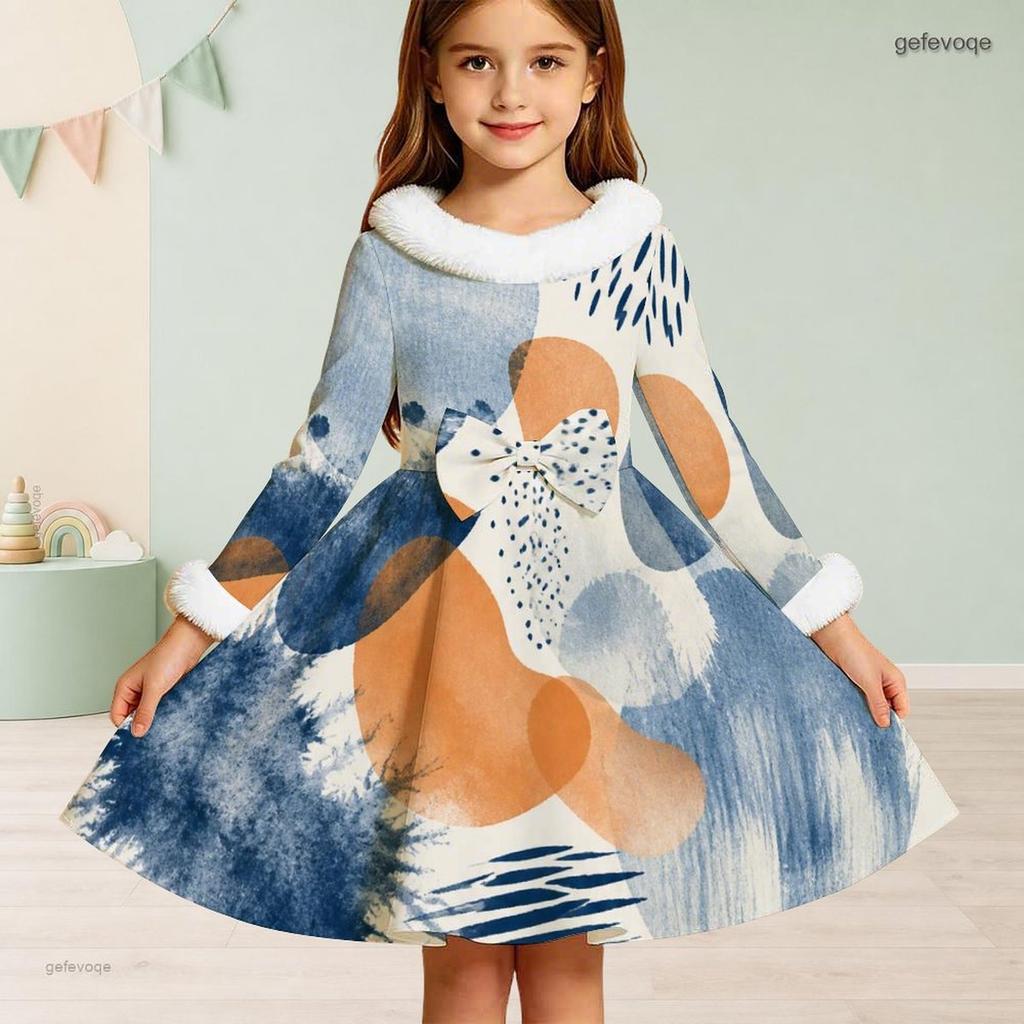Girls High Neck Long Sleeve White Base Abstract Printed A Line Flared Dress With Fuzzy Trim And Bow
