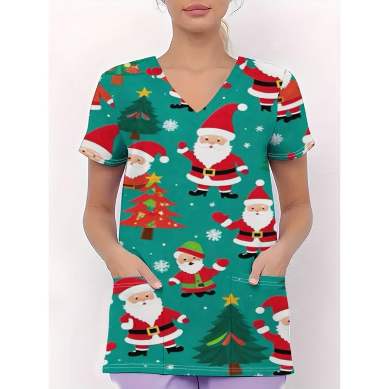 Womens V-Neck Short Sleeve Nursing Scrub Top With 3D Cartoon Print Comfortable Workwear Casual Medical Uniform