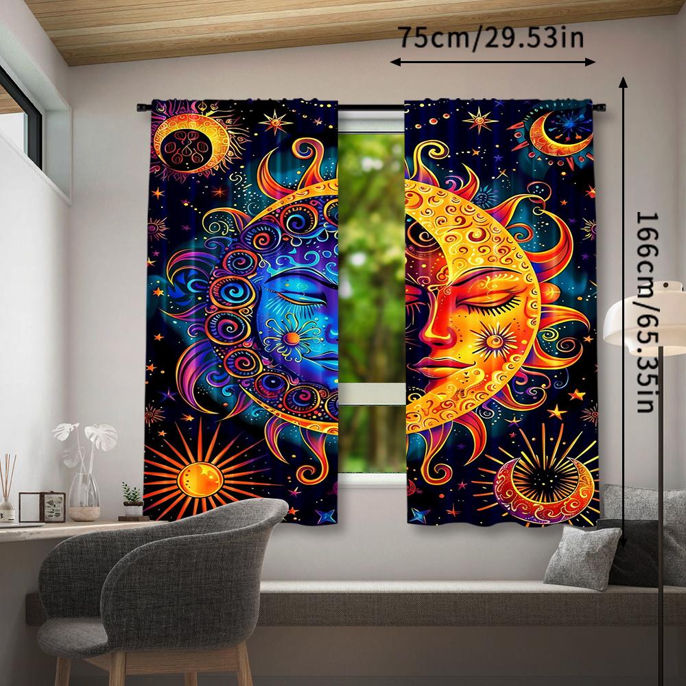 2pcs Colorful Abstract Sun and Moon Curtains – Vibrant Fantasy Style Drapes with Rod Pocket   Digital Printed Polyester   Perfect