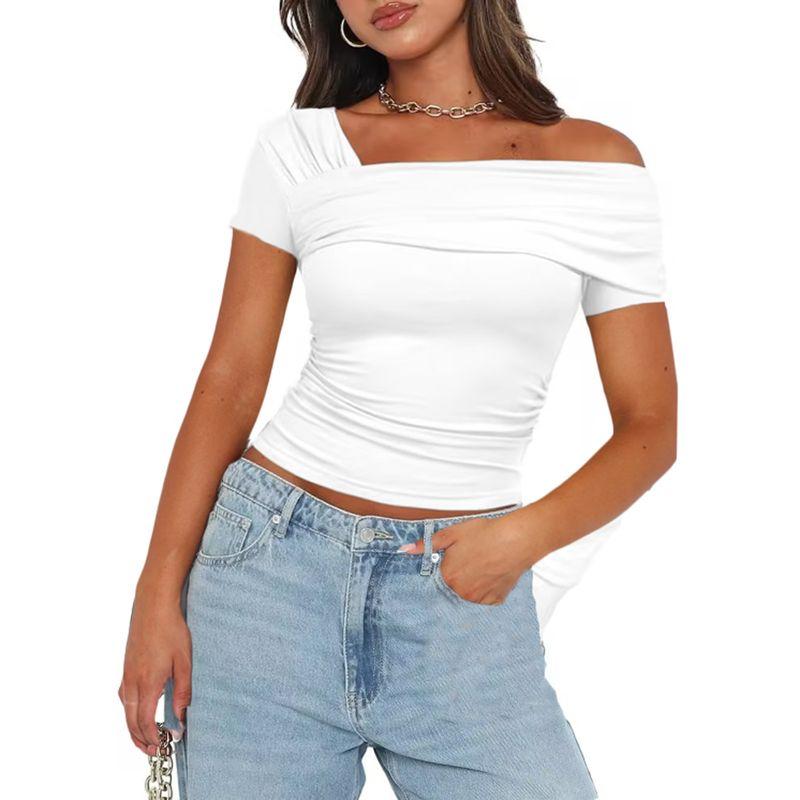 

Solid Color off-the-Shoulder Short-Sleeve Shirt Solid off-Shoulder Short sleeve White L