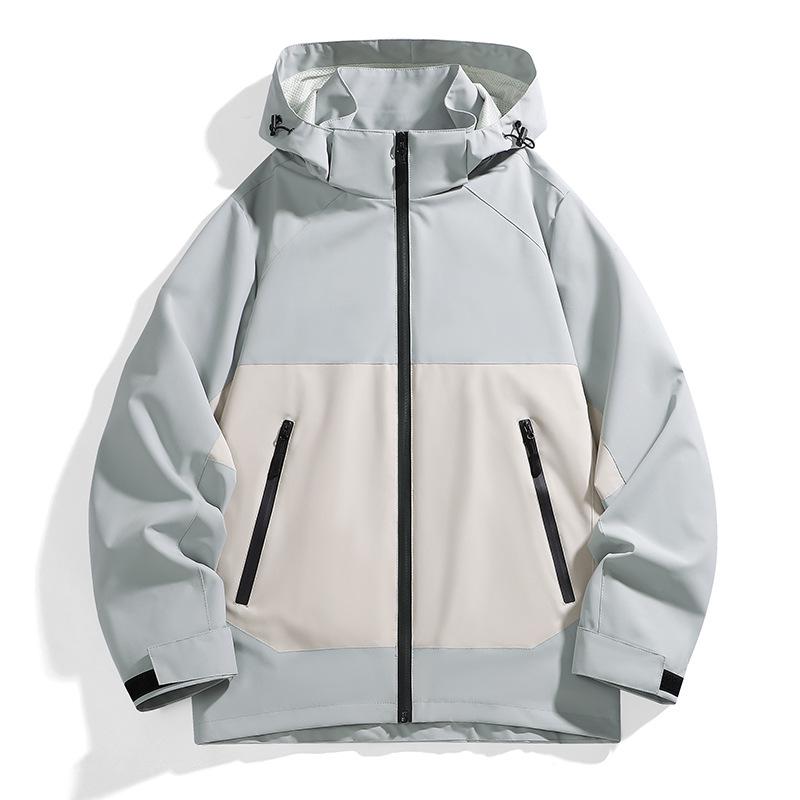 Men's Color Block Hooded Windbreaker: Waterproof, Detachable Hood, Ideal for Spring-Autumn Mountaineering.