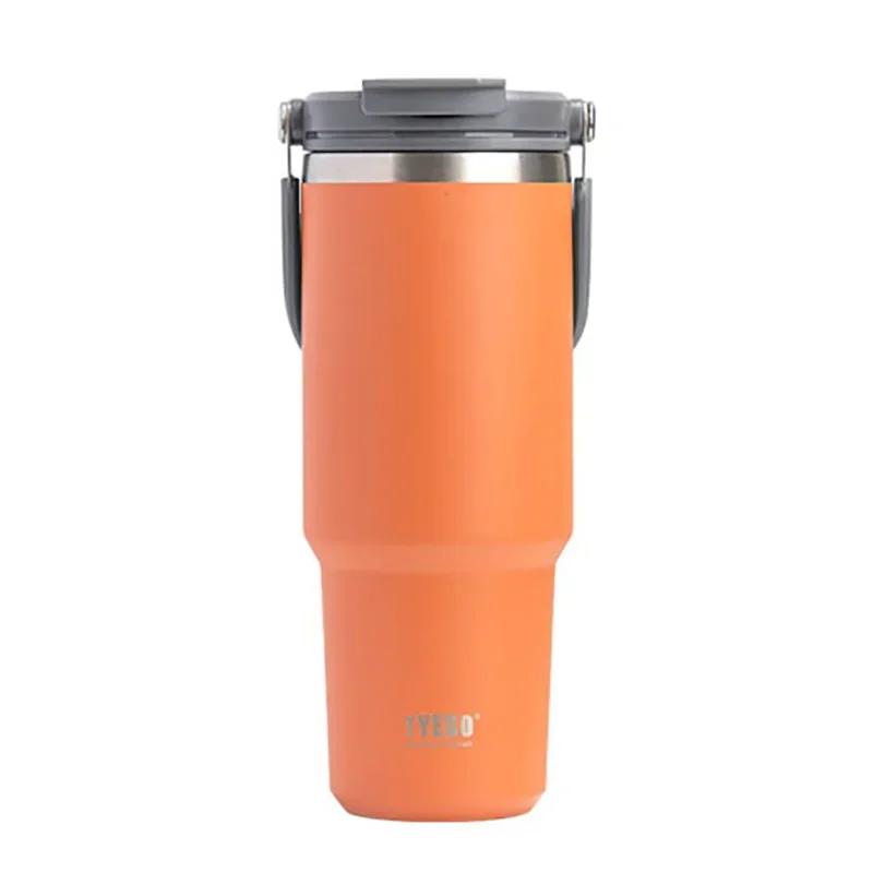Tyeso Portable Double-layer Insulated Cup Outdoor Hike Large Capacity Sport Water Bottle Car Coffee Cup with Handle and Straw