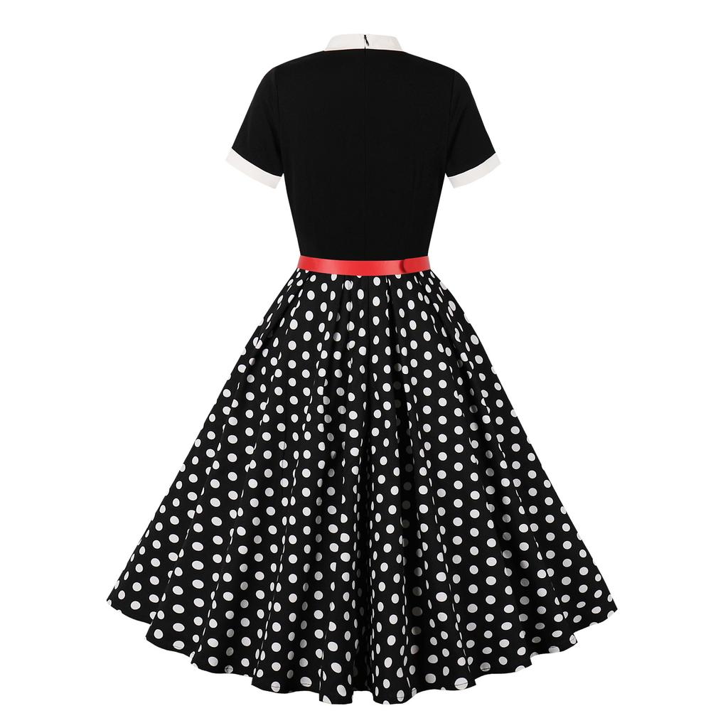 Women's Fashionable Retro Hepburn-Print Floral Polka Dot Bow Dress For Summer