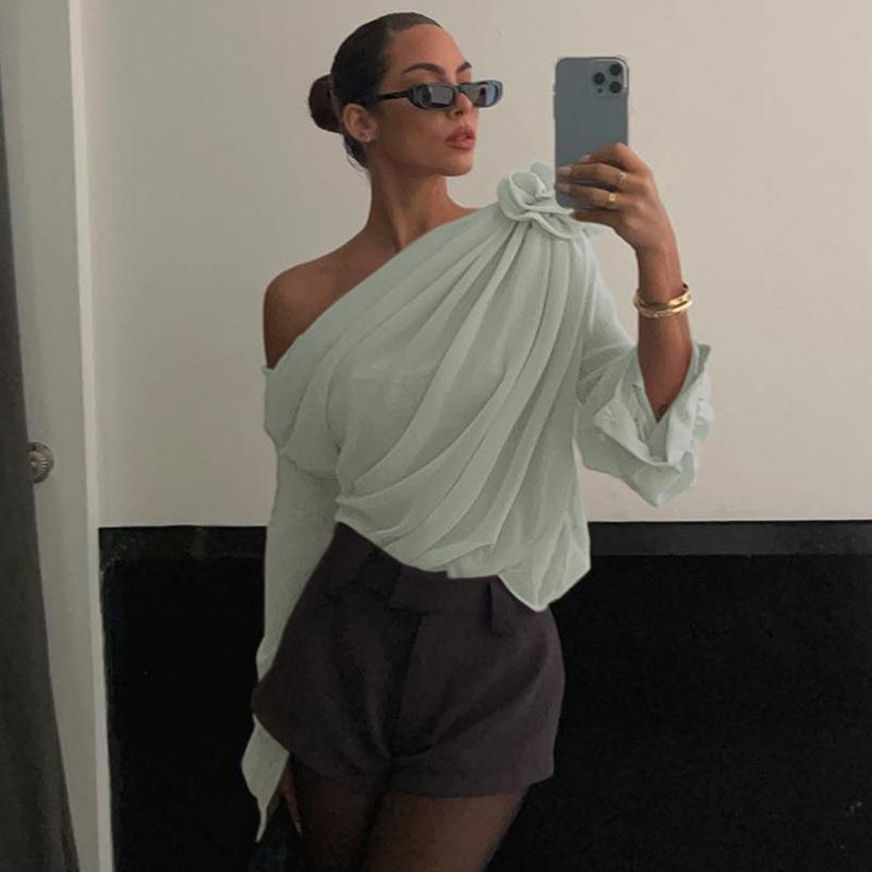 Nowe Bluzki Crop Top z Siateczki i Szyfonu z Aplikacjami Kwiatowymi z Odkrytymi Ramionami i Asymetrycznym Dekoltem Marszczone Jesień Eleganckie Długi Rękaw Prześwitujące
