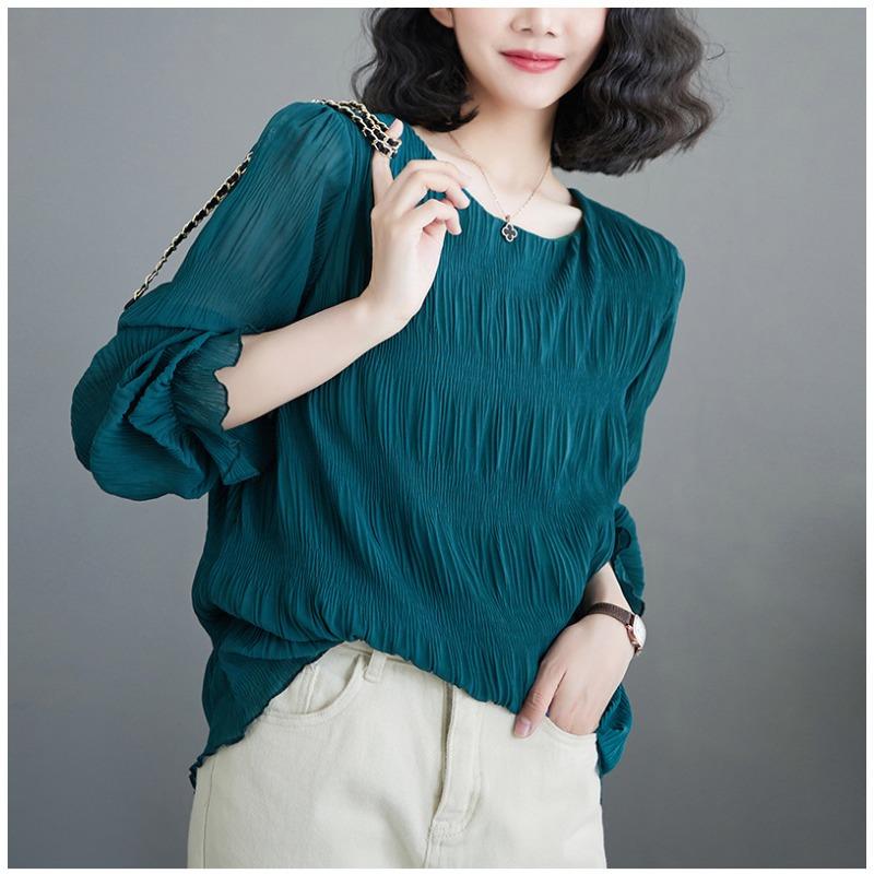 Camicia in Chiffon con Maniche Svasate Plissettate Blusa Donna Girocollo Tinta Unita Ampia Versatile Camicia a Maniche Lunghe Top