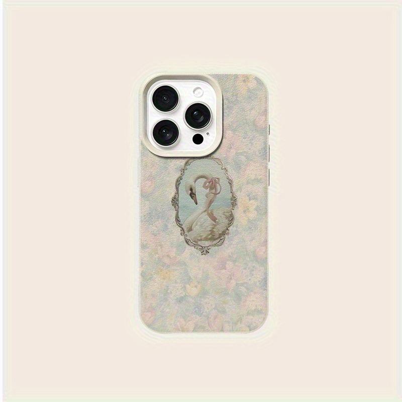 A Phone Case with a Bow and Swan Print In Lychee Texture, Suitable for iPhone 17, 16, 15, Plus, Pro, Max Series Phones — Can Be Used As a Gift