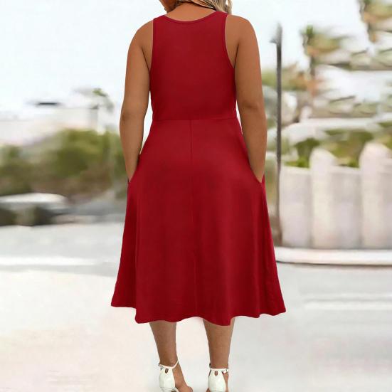 Robe d'été sans manches pour femme, robe midi plissée à col en V, respirante, décontractée, avec ourlet évasé au-dessus de la cheville, robe trapèze avec poches