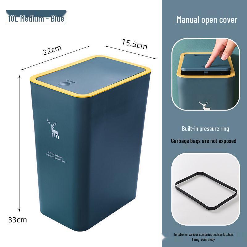 High-Capacity Press-Open Trash Can with Lid for Kitchen & Living Room - Stylish & Popular
