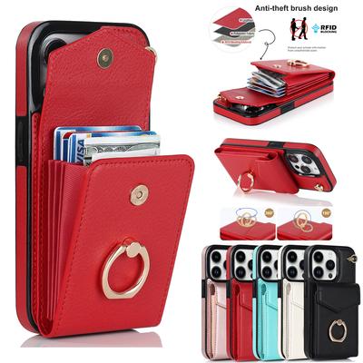Luxury Card Bag Wallet Ring Holder Leather Case for iPhone 15 14 13 12 11 Pro Max Xs Max Xr X /Samsung S23 S22 S21 Ultra Plus A14 A13 A12 A53 A54 A52