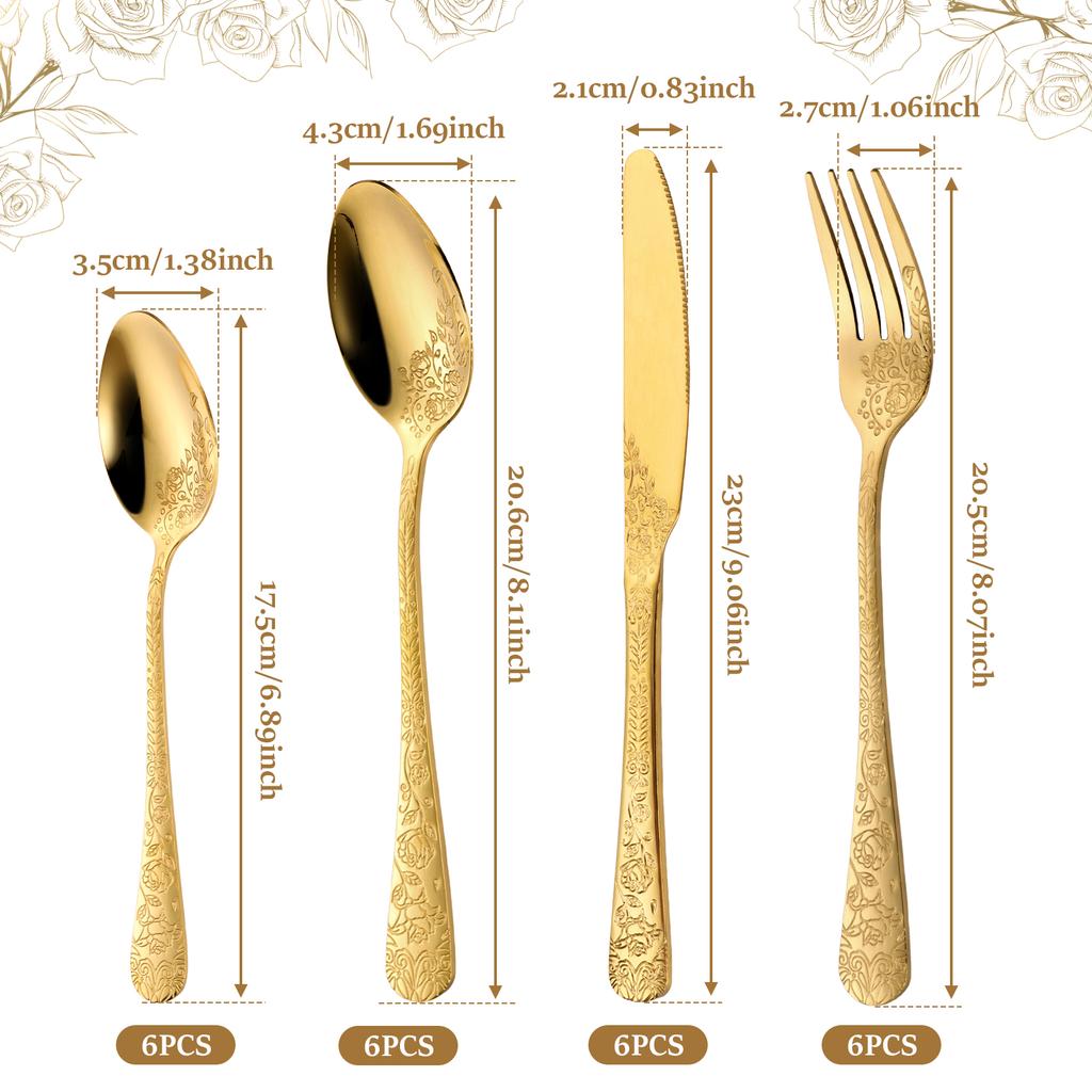 24Pcs Retro Rose Carved Silverware Set Stainless Steel Fork Spoon and Knife Mirror Polished Flatware Set Home Festival Party Use