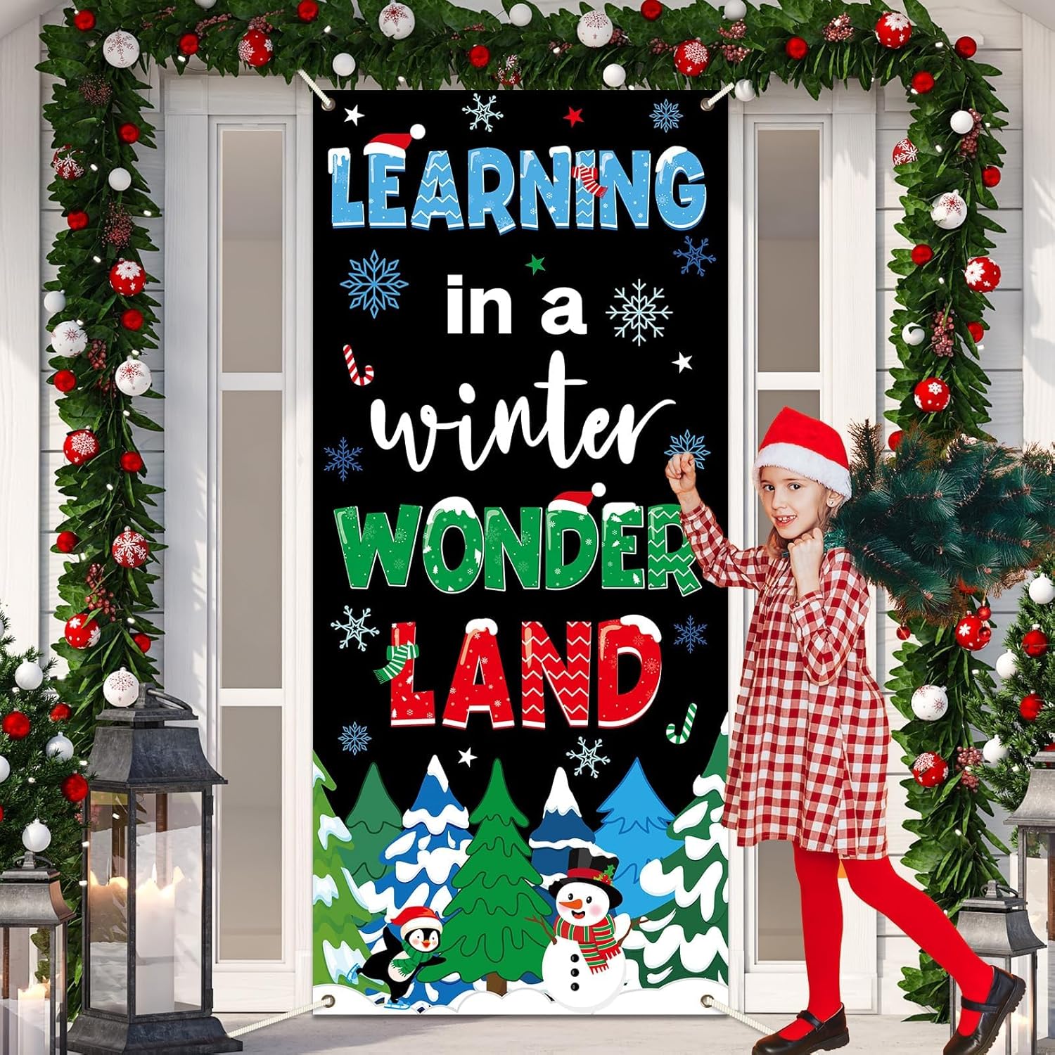 Зимнее украшение для двери Учеба в классе Зимняя страна чудес Баннер на дверь Снеговик Снежинка Подвесной фон для входных дверей Рождественский фон для