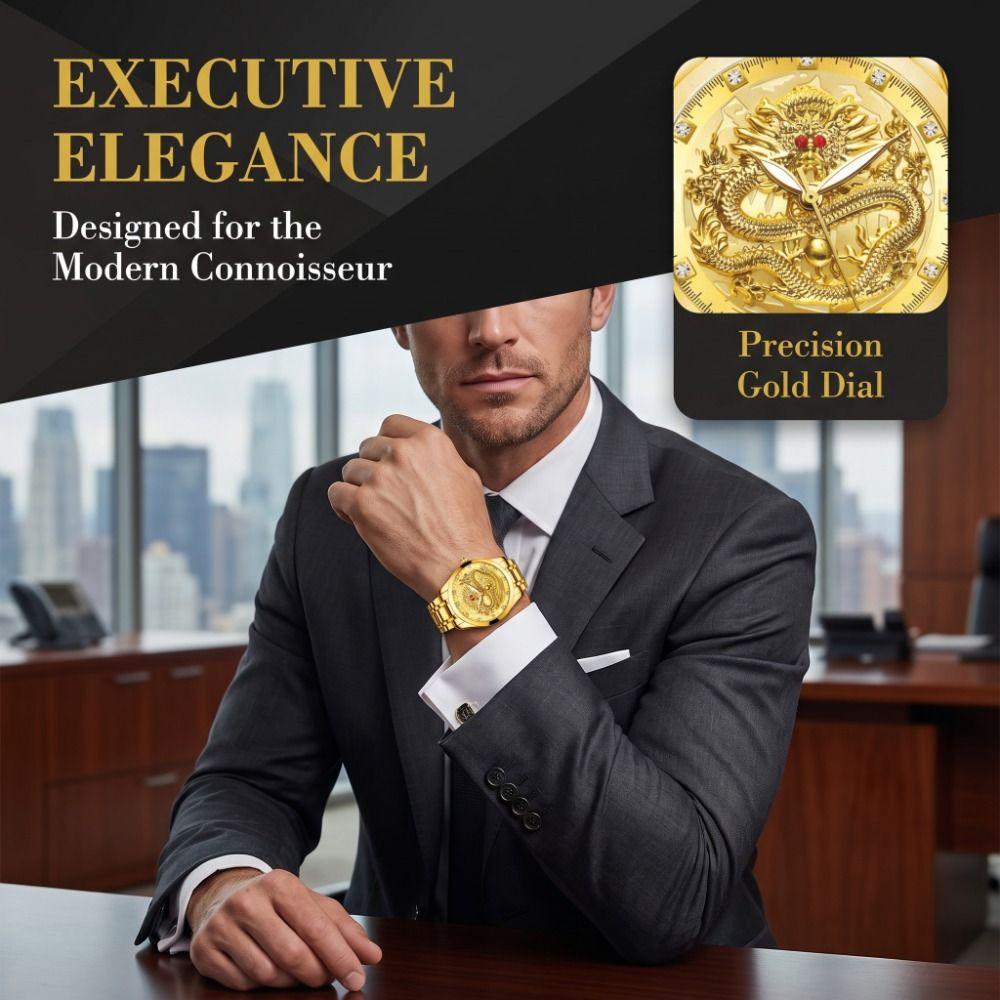 Stainless Steel Band Men's Watch Gold Color Dragon Pattern Clock Fashion Gold Dragon Watch Women