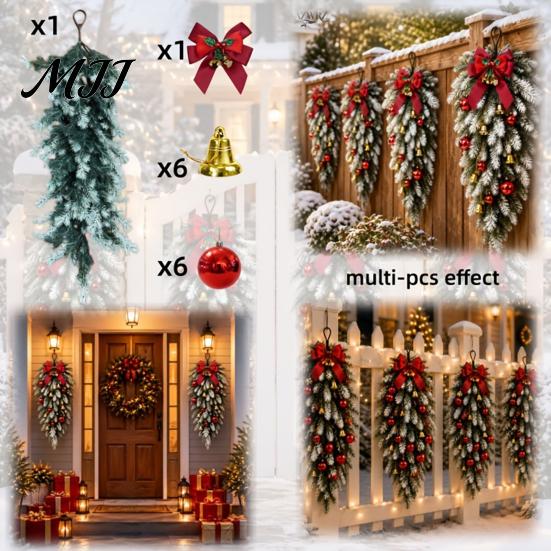 Faux Botanicals for Office Table Teardrop Swag with Red Bow Bells Ornaments, Frosted Artificial Pine Hanging Fake Floral Arrangements Home Decor