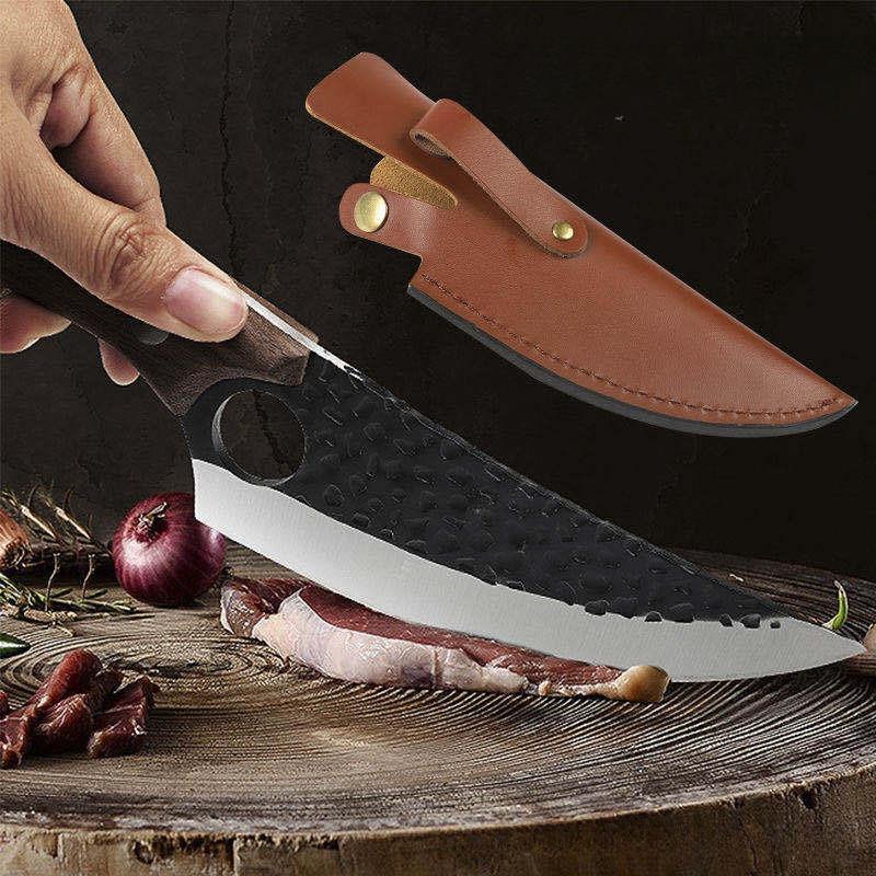 Wooden Handle with Hole Boning Knife Hammer Pattern Forging Slaughter Cutting Meat Skinning Knife Killing Fish with Leather Case