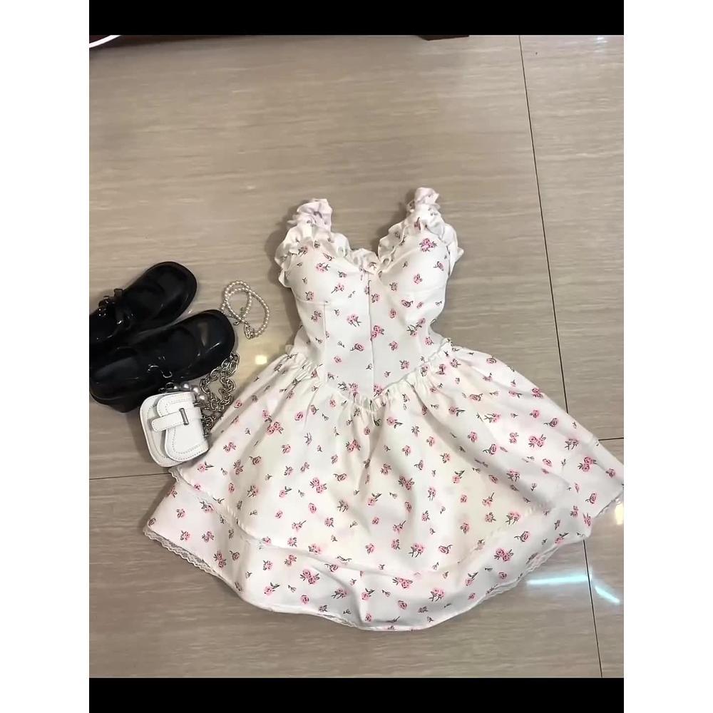 Women's Summer New White Floral Suspender Dress Wind Waist Thin Princess Tutu