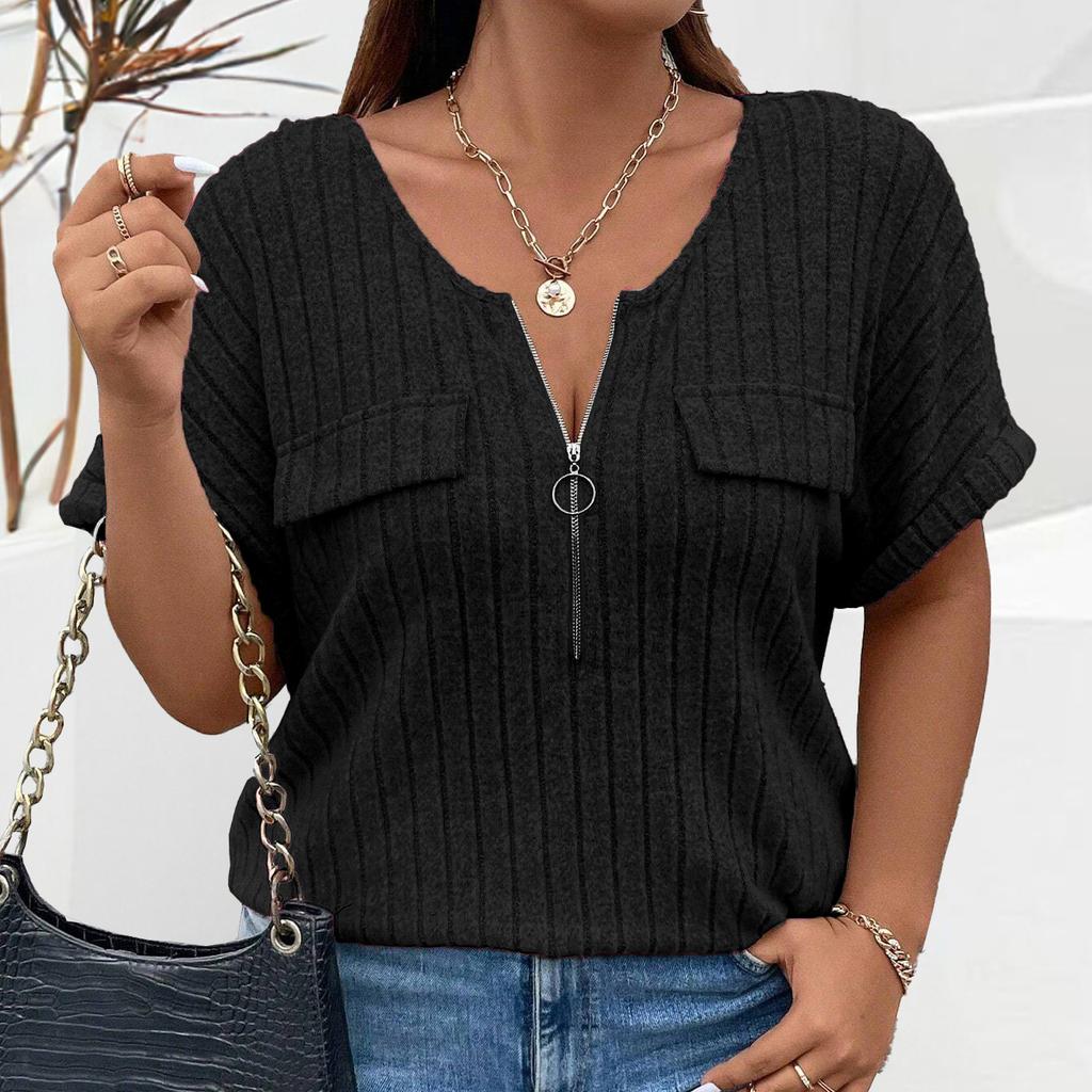 Frühling und Sommer Einfarbig Große Größe frauen Tops Zipper Kurzarm Gefälschte Tasche Pullover Lose T-Shirt