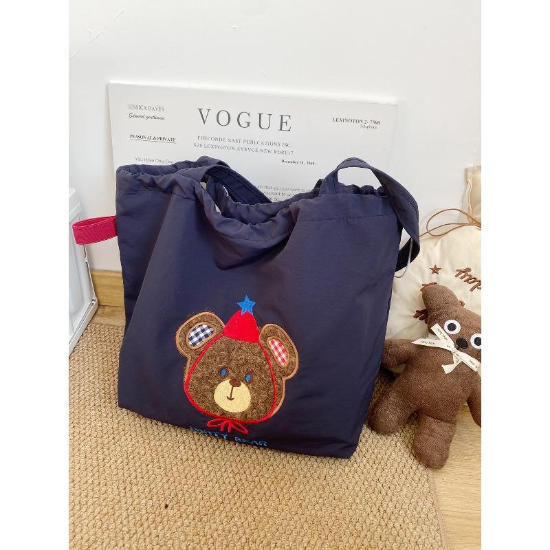 Thickened Model~ Vintage Nylon Tote Bag Large Capacity Embroidered Shoulder Bundle Mouth Bag Student Class Commuter Bag