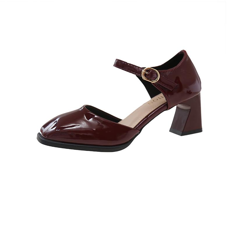 

Square Toe Side Air Top Cowhide Lacquer Leather Sandals Women High Heeled Sandals 2025 Elegant Fashion Sandals Big Size 35 бордовий