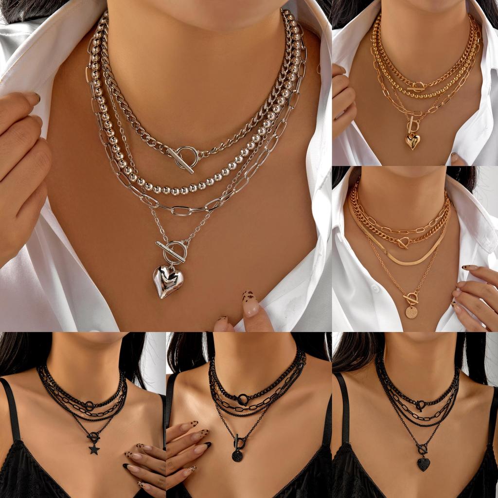 Collier Pendentif Multicouche Géométrique Cœur Étoile Pièce de Monnaie pour Hommes Femmes Style Noir Or Argent