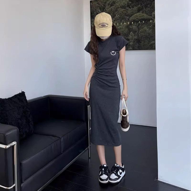 Gray Slim Waisted French-Style Petite Summer Dress