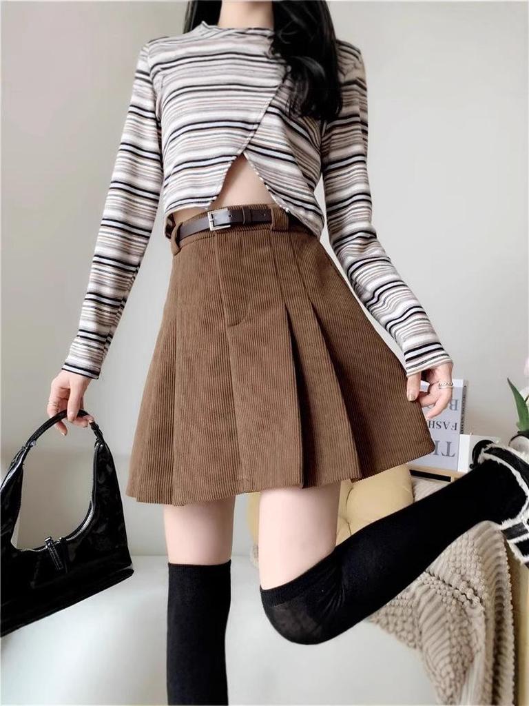 Korean Style A-Line High Waist Pleated Corduroy Skirt - Short, Anti-Exposure, 2024 Autumn/Winter Collection (No Belt)