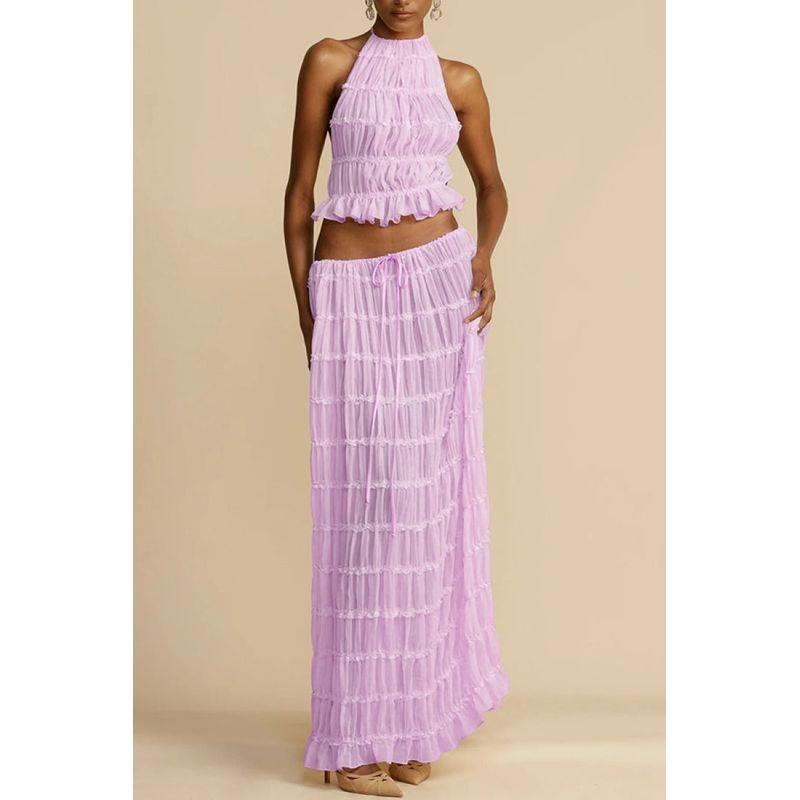 

Holiday Style Wear Set Pure Desire Beauty Back Short Halter Top Women Summer Pleat High Waist Skirt Two-piece Set Violet XXL