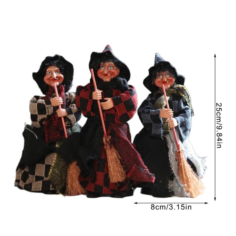 3Pcs Festival Witch Ornament Handmade Cloth Broom Wizard Figurine Decoration For Shop Window Display Indoor and Outdoor